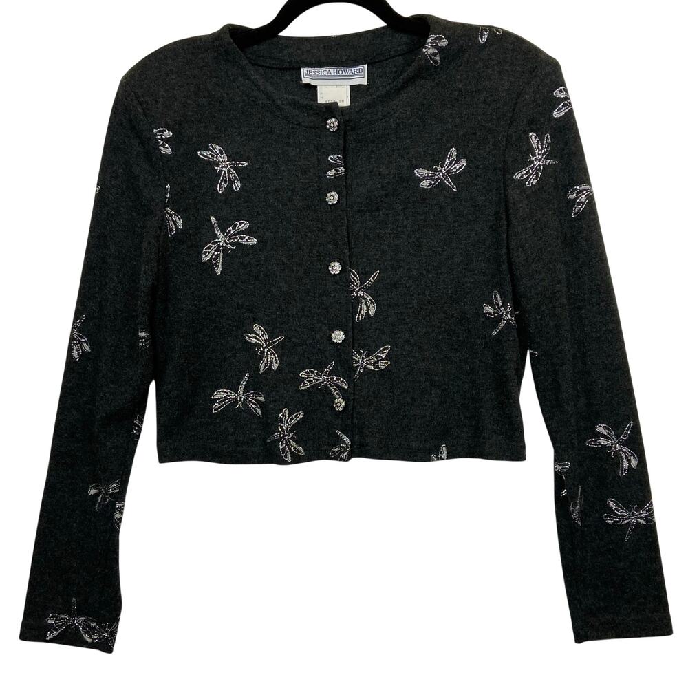 Jessica Howard VTG Gray Dragonfly Coquette Fairycore Cardigan Sweater Size 10